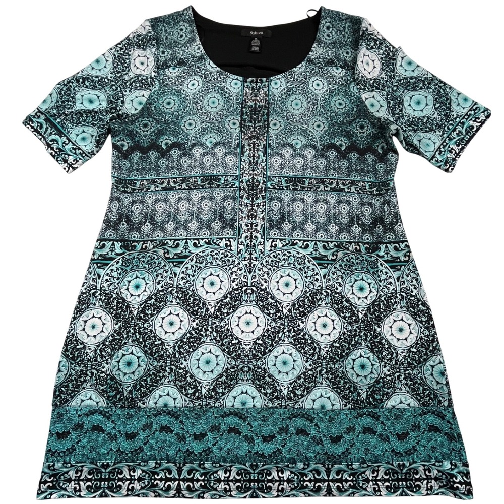 Style & Co Womens Teal Black Medallion Tile Print Short‎ Sleeve Shift Dress M